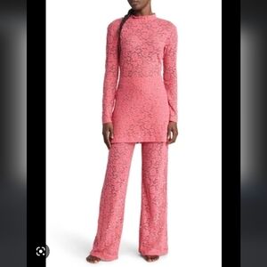 Open Edit Lace Mesh Tunic Pajama Set Pink Rapture L sheer Stretch Layering Top